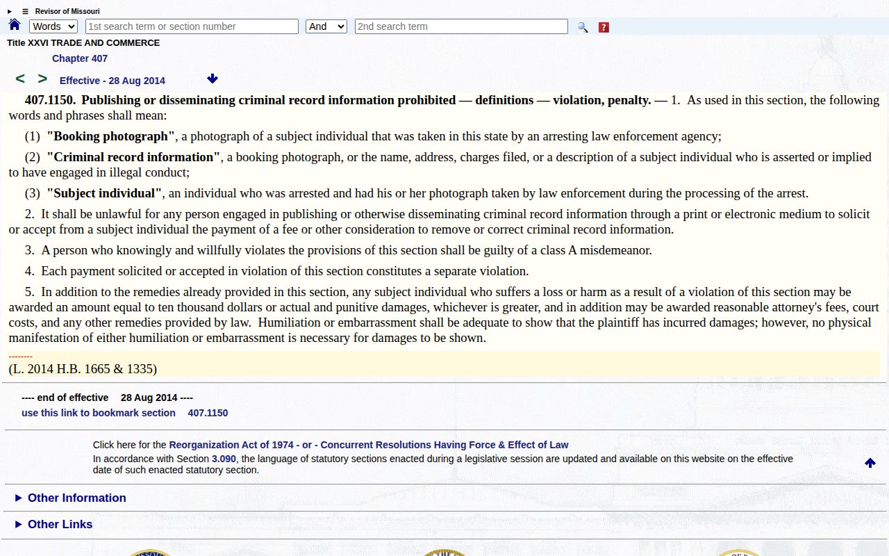 Missouri Revised Statutes section 407.1150 on payment for mugshot removal or correction